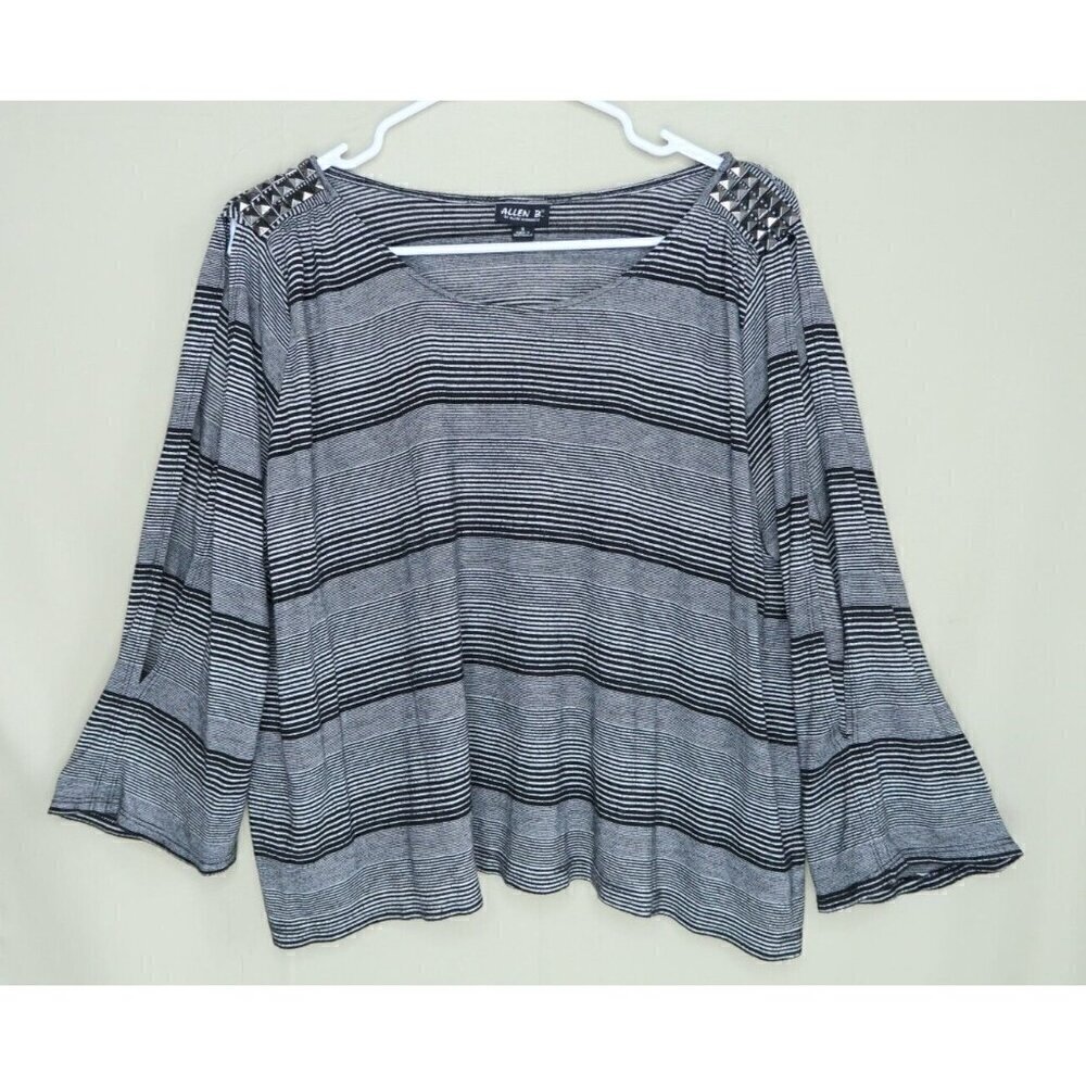 Allen B by Allen Schwartz Striped Top Ivory and Black Studded Open Sleeves Boxy